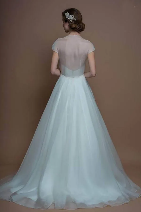 Anneprom Cap Sleeves V Neck A-Line Long Organza Wedding Dresses With Beading APW0131