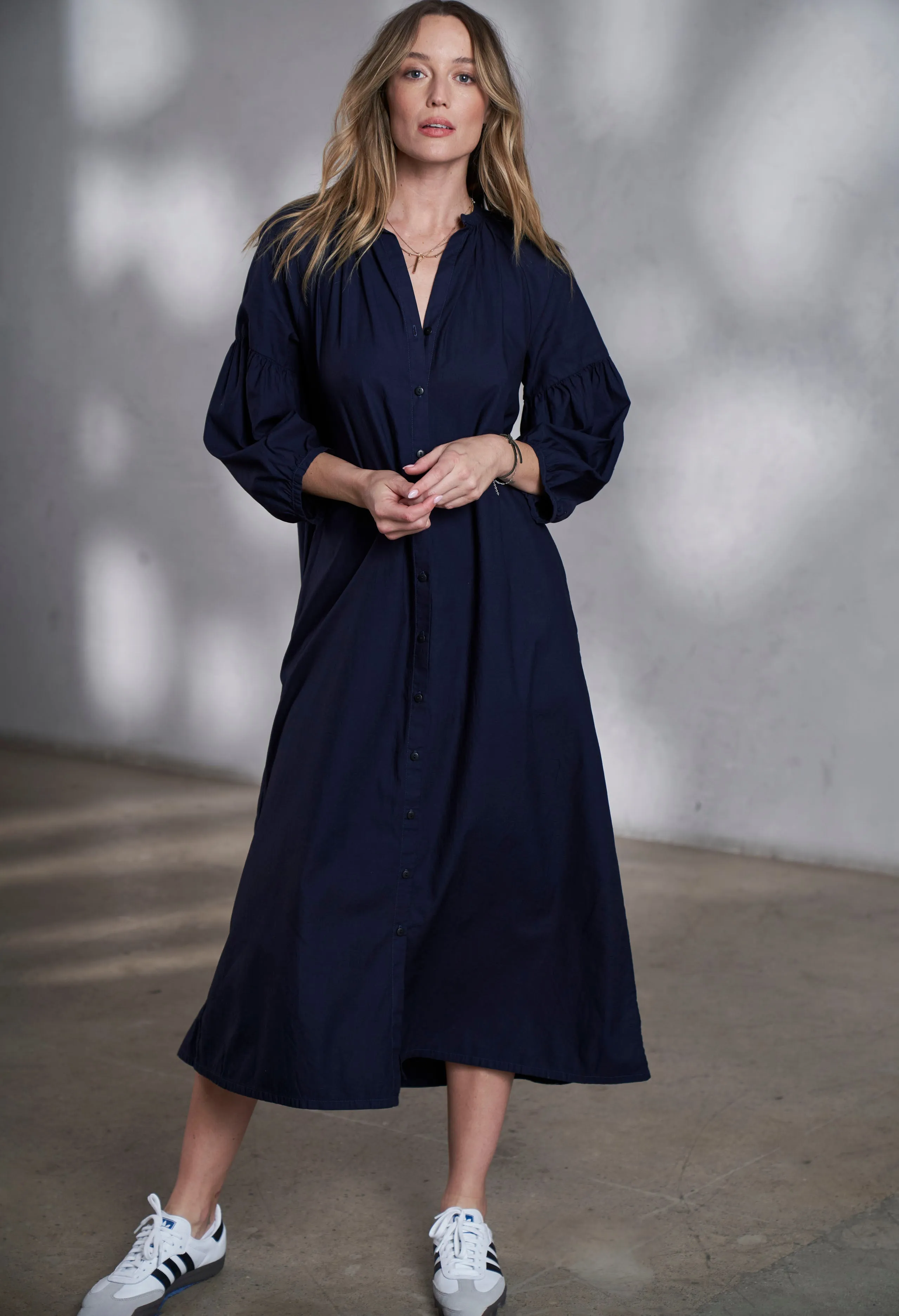 Aubrey Navy Cotton Belted Peasant Dress with Pockets - Sale