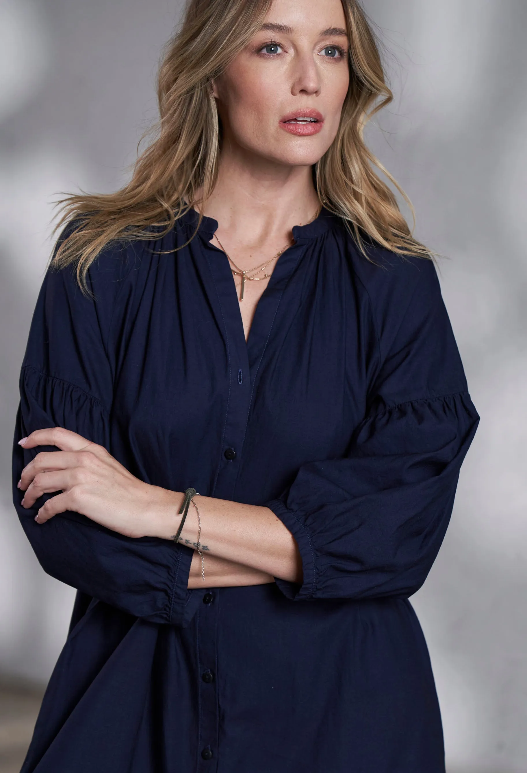 Aubrey Navy Cotton Belted Peasant Dress with Pockets - Sale