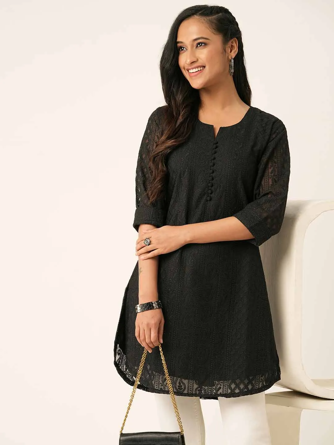 Black Paisley Embroidered Georgette Lucknowi Chikankari Thigh Length Tunic For Women - ZOLA