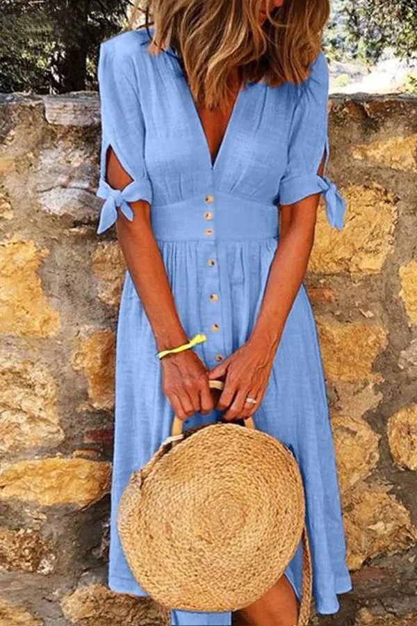 Casual V-Neck Half-Sleeve Solid Color Mini Dress