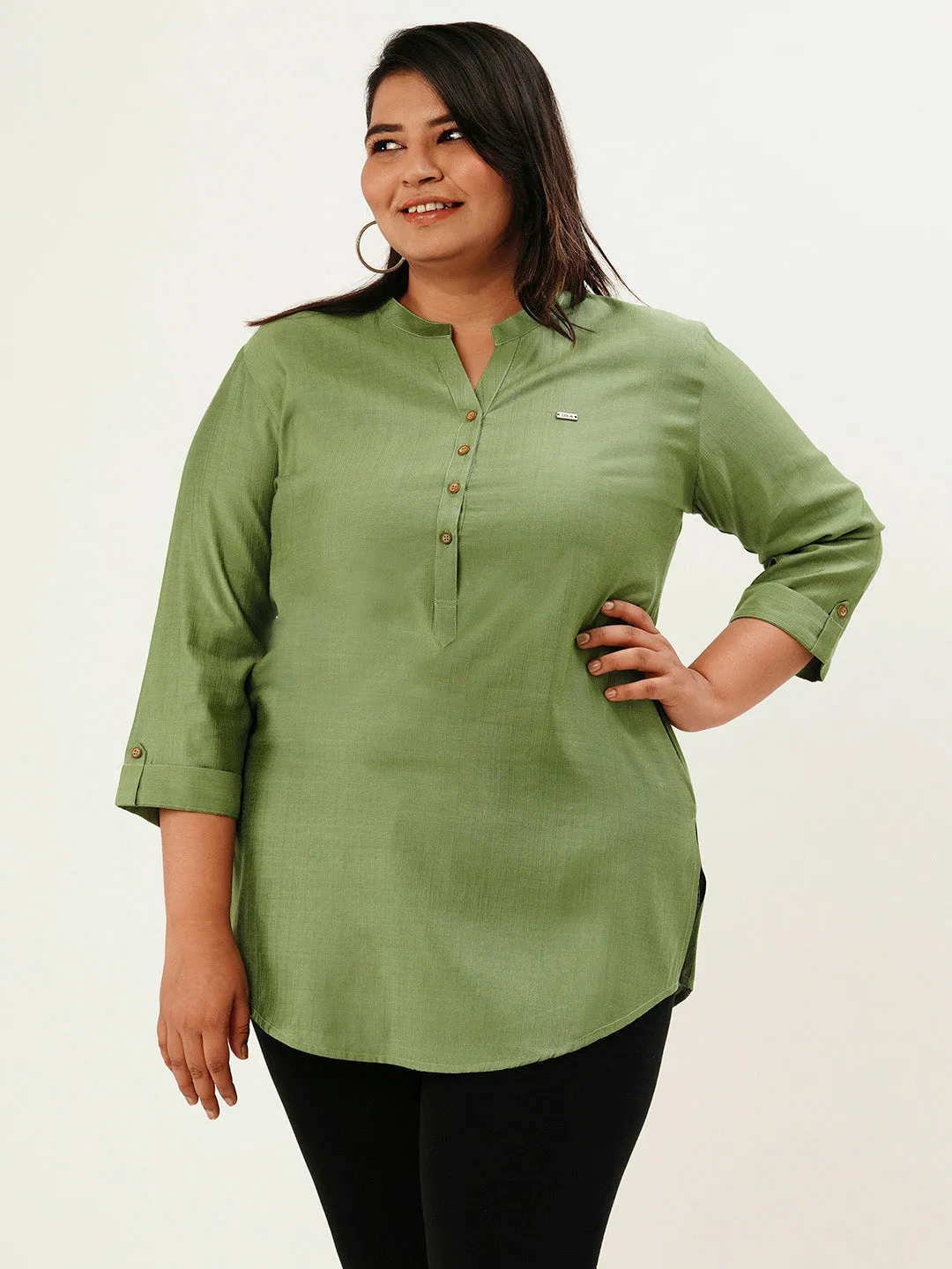 Exclusive Mandarin Collar Rayon Solid Olive Green Straight Tunic For Women ZOLA