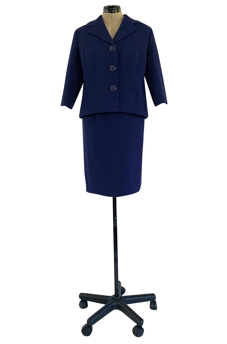 Spring 1960 Pierre Balmain Haute Couture Deep Blue Skirt Suit w Swing Back Button Detailing
