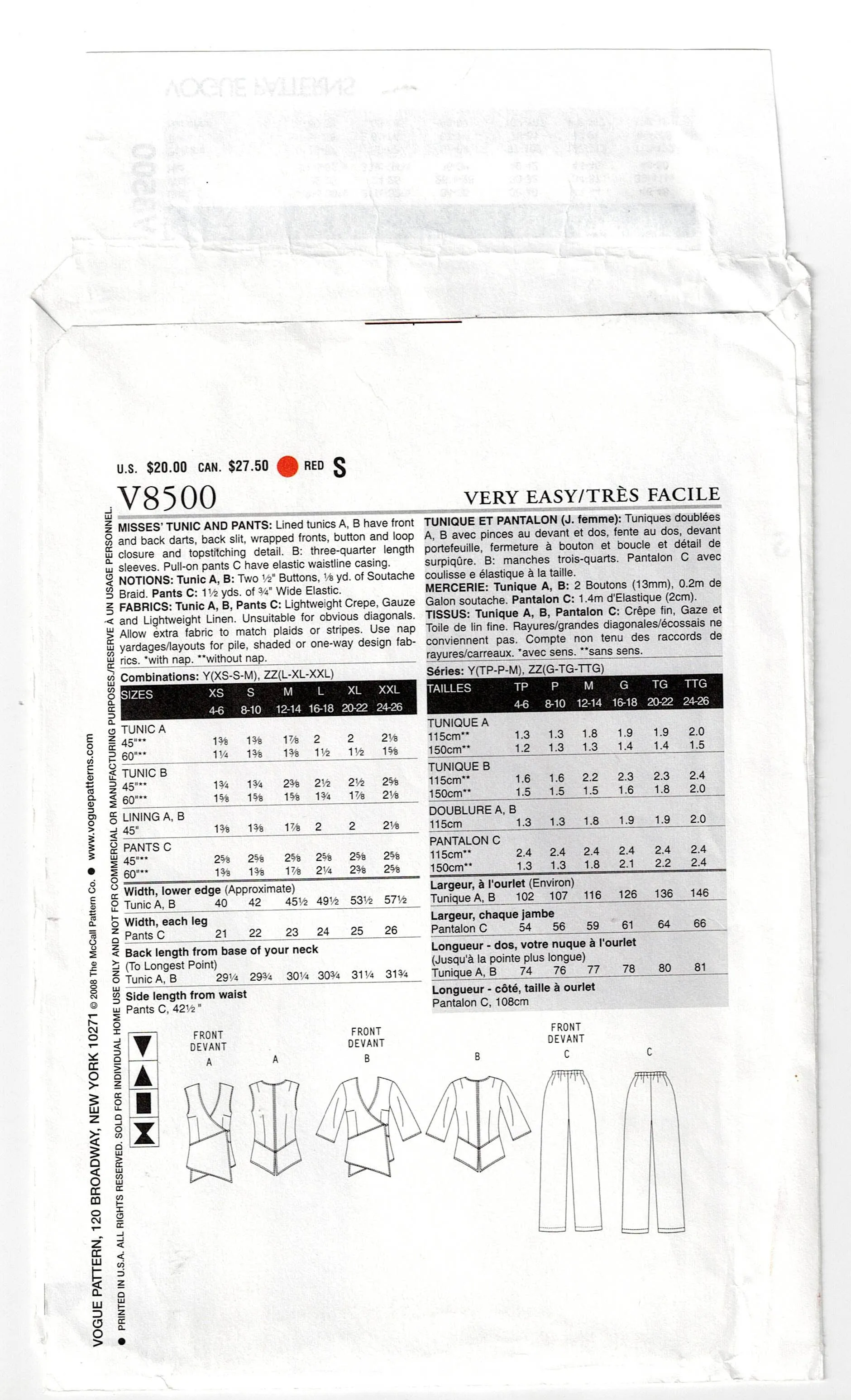 Very Easy Vogue 8500 Womens Lined Wrap Tunic & Pants Out Of Print Sewing Pattern Size L - XXL UNCUT Factory Folded