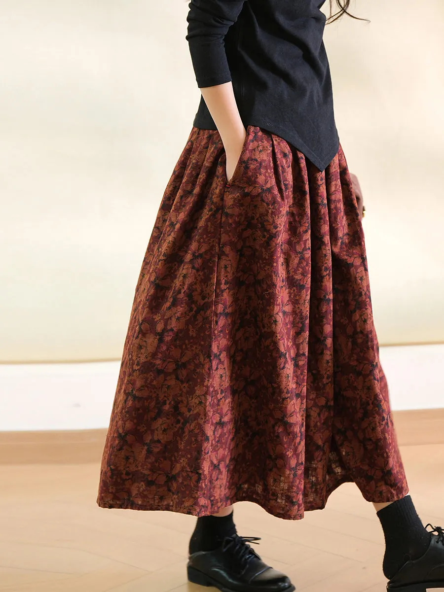 Women Spring Flower 100%Cotton A-Shape Skirt